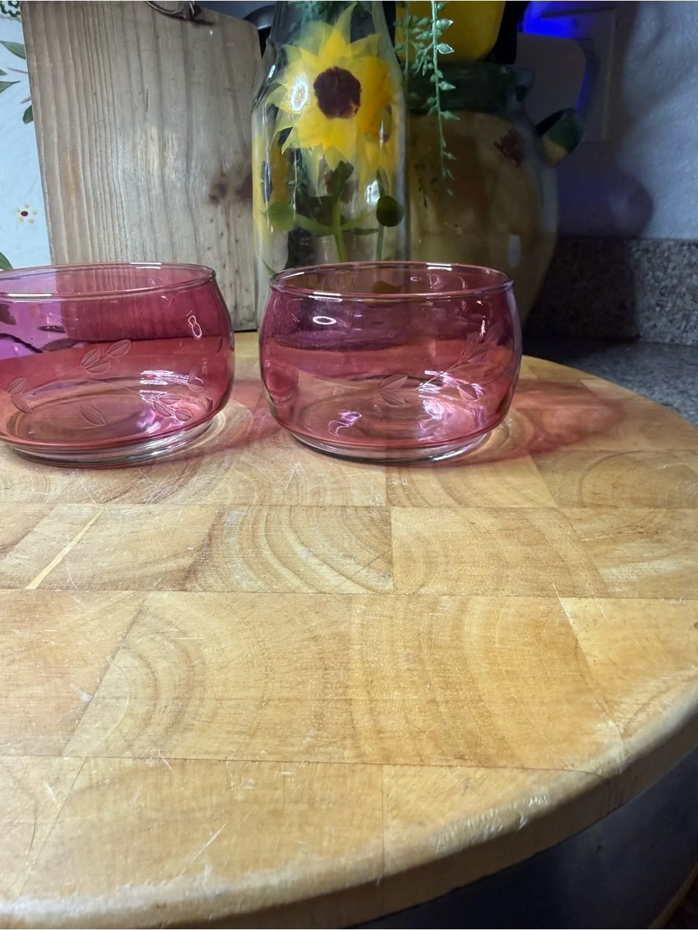 Princess House Cranberry Glass Etched Floral Bowls – Set of 2